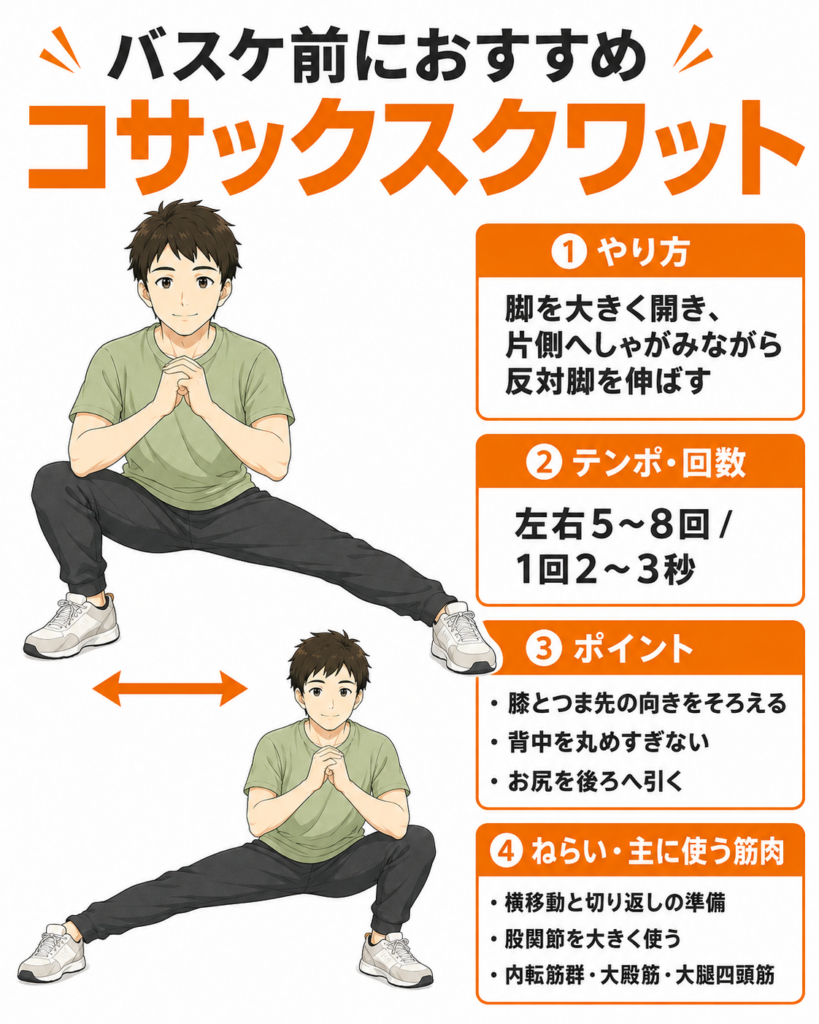 バスケ前の動的ストレッチ コサックスクワット