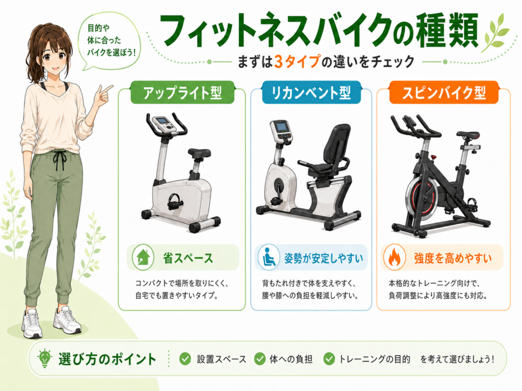 アップライト型・リカンベント型・スピンバイク型の違い