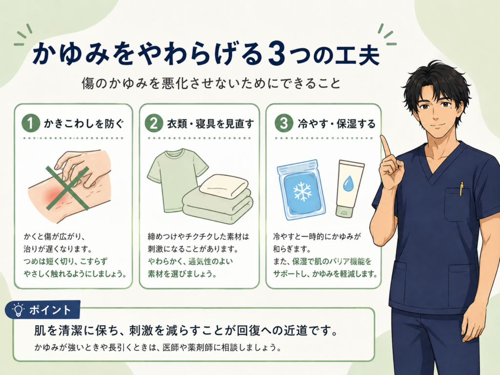 かゆみを和らげる工夫3つ。こすれを止める、服・寝具の当たり方を変える、冷やす・保湿する