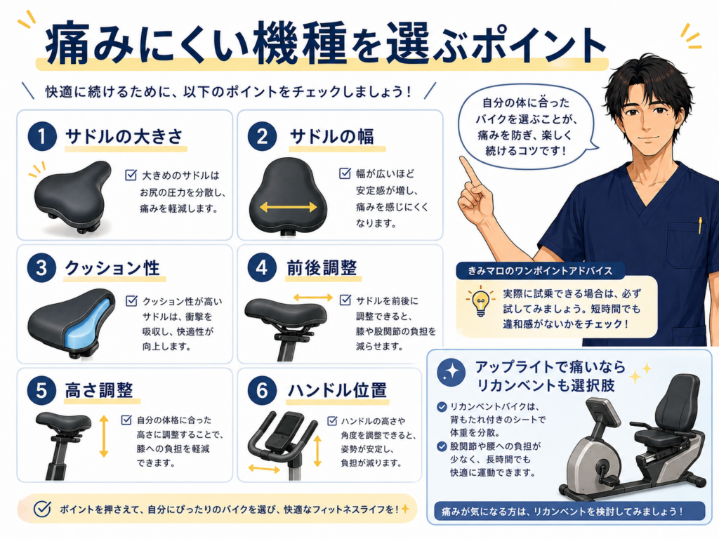 痛みにくいフィットネスバイクを選ぶポイントをまとめた図